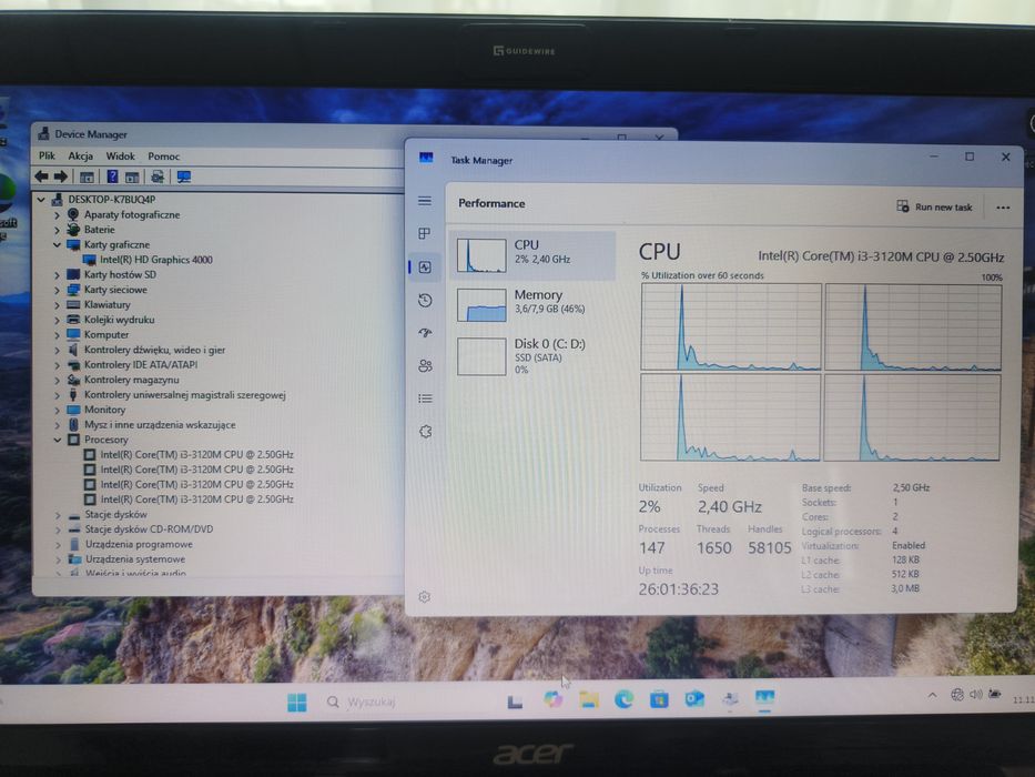 Acer Aspire E1-571 15,6" i3-3120M/8GB/SSD Samsung Evo 860 250gb/DVD-RW