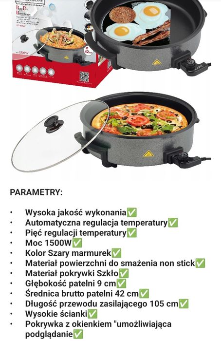 Sprzedam patelnie elektryczną średnica - po przekątnej 42 cm. Stan bardzo dobry.