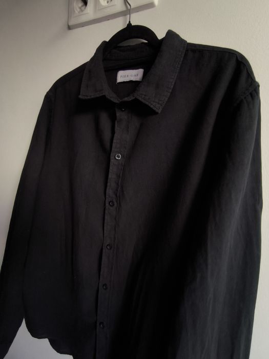Koszula Męska Czarna Lniana Długi Rękaw Pier One XL