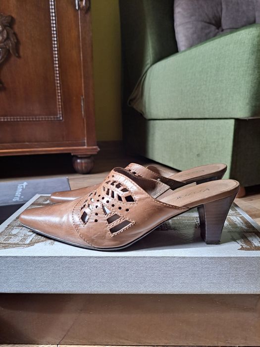 skórzane brązowe buty na obcasie kazar