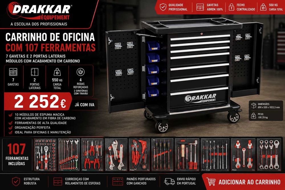 CARRINHO DE OFICINA DRAKKAR 7 GAVETAS COM 2 PORTAS LATERAIS E 107 FERRAMENTAS LL29