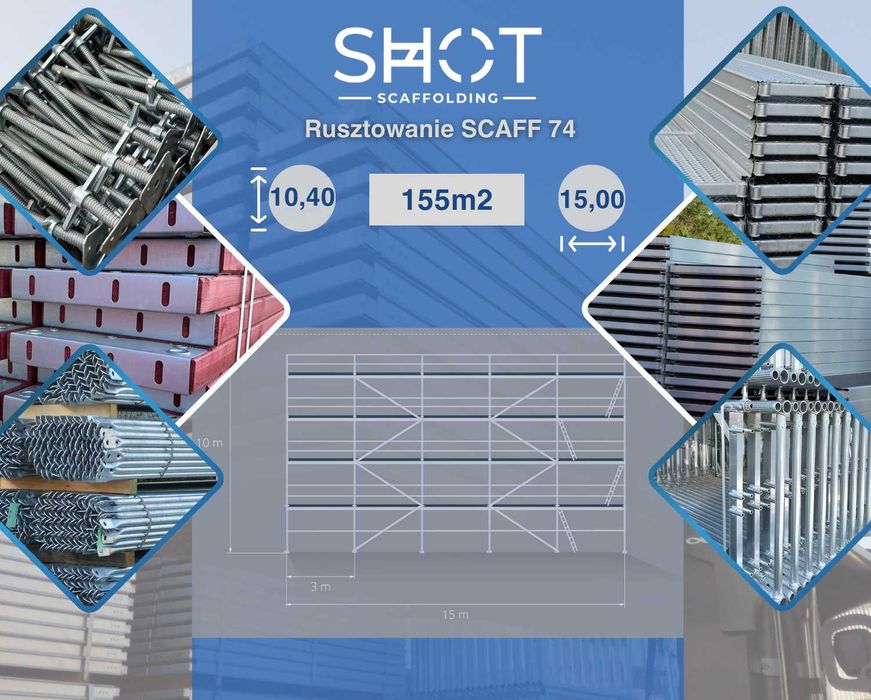 Nowe kompletne rusztowanie fasadowe do ociepleń stalowe typ Plettac 10,4 m x 15 m =150 m2 , podesty 3m