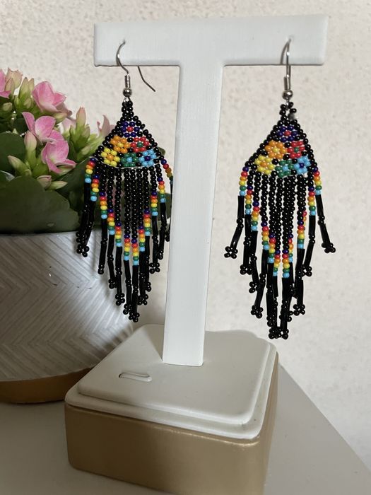 Kolorowe Kolczyki Koralikowe | Boho Frędzle | Rękodzieło | 9 cm