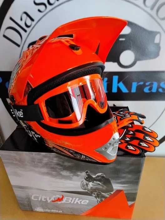 Zestaw dziecięcy Kask cross poma quad hulajnoga + rękawice + gogle