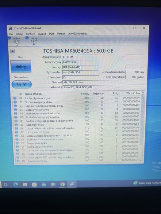 Dysk 2.5 SATA Toshiba 60GB - Stan IDEALNY, tylko 600h