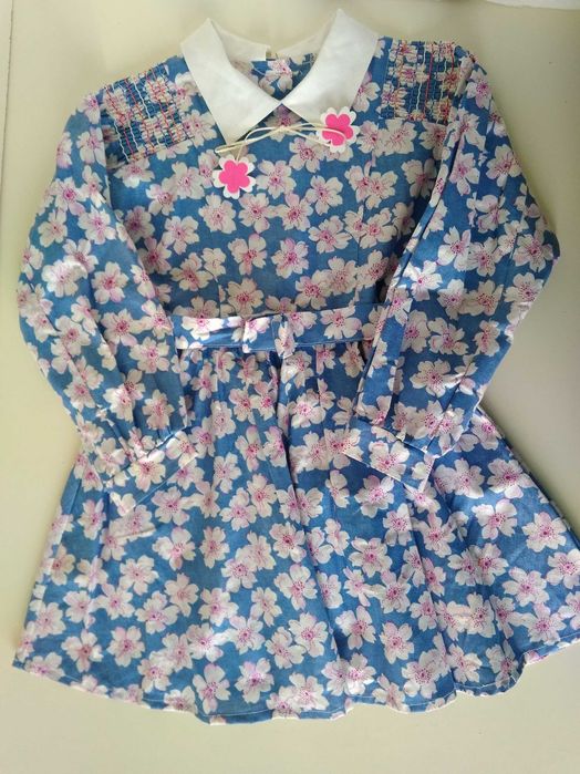 5-6 лет летнее нарядное платье голубое в розовых цветах хлопок СССР