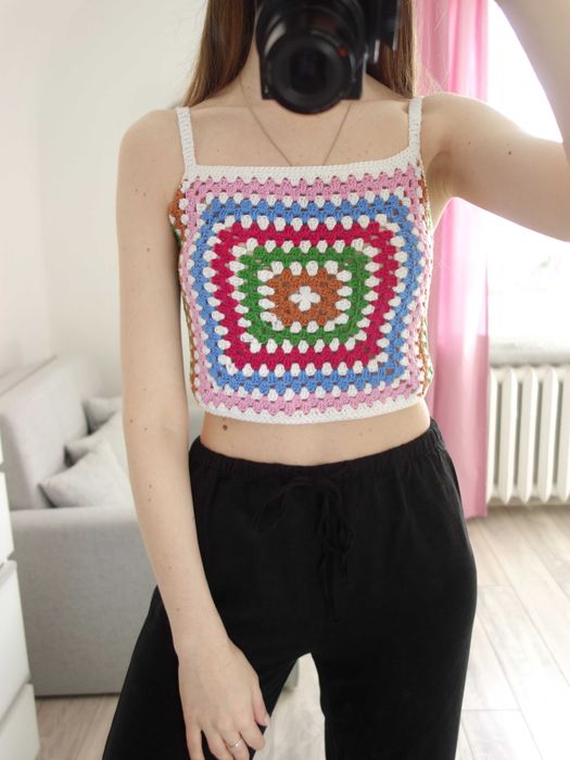 Nowy crop top szydełkowy handmade krótki kolorowy bluzka 36 S