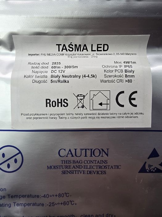 15x Taśma led biała 5m ip65 8mm 4W/m