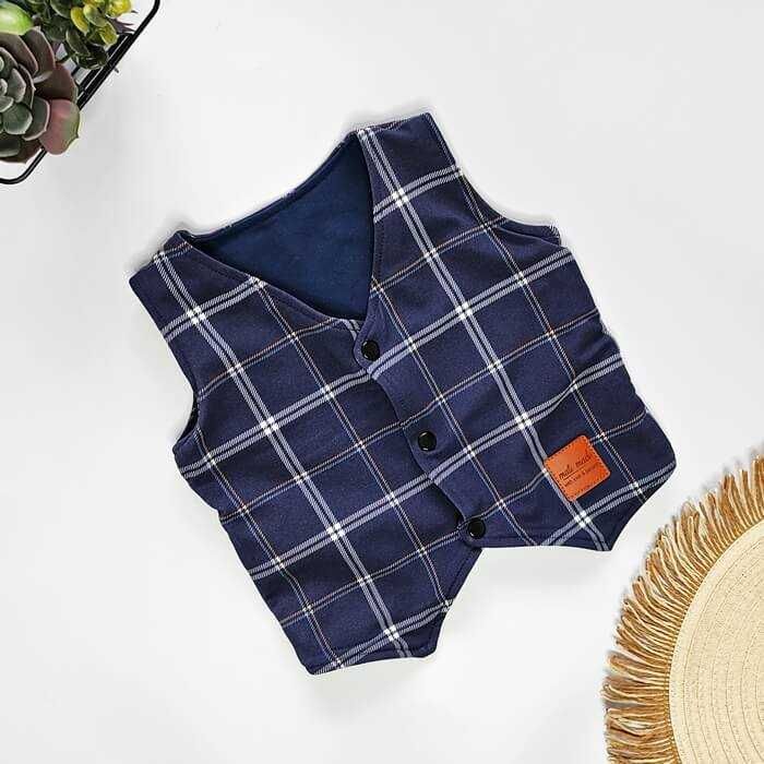 Elegancka chłopięca KAMIZELKA bawełniana granatowa krata garnitur 98