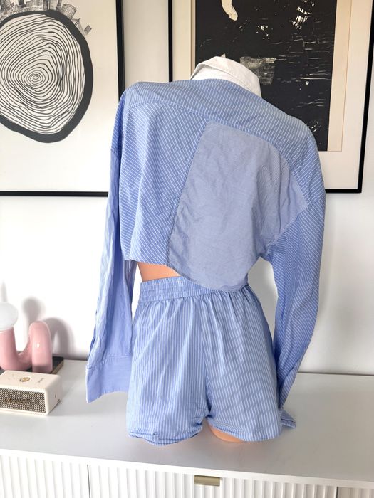 Zara komplet koszula crop top i spodenki szorty prążkowane niebieskie w prążki  S /36