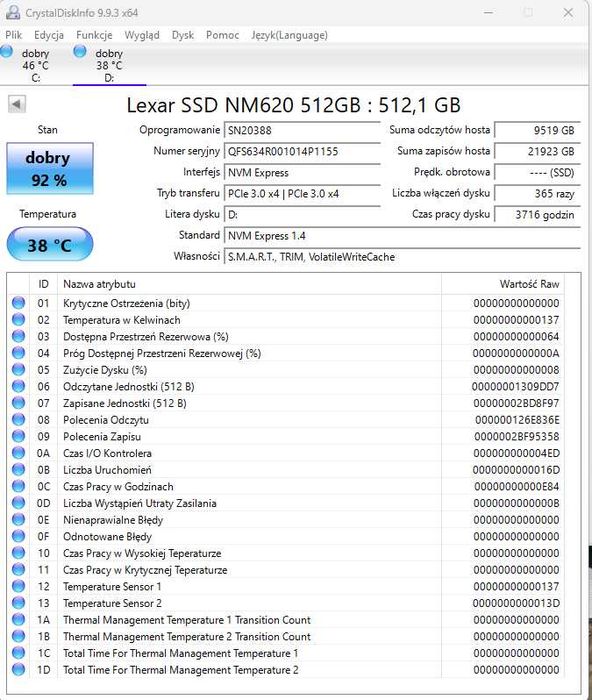 Dysk SSD NVMe Lexar NM620 512GB SSD M.2 PCIe 3.0 x4 – sprawny, SMART 92%