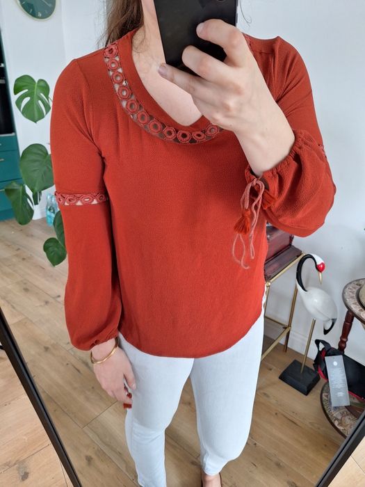 Koszula bluzka elegancka koronkowa pomarańczowa do pracy casual basic