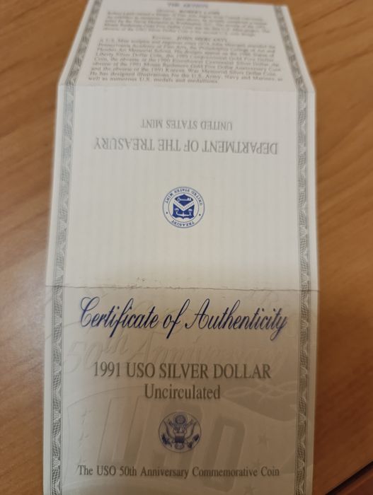 США 1 долар 1991р. UNITED states USO. СРІБЛО. Сертифікат. Набір.
