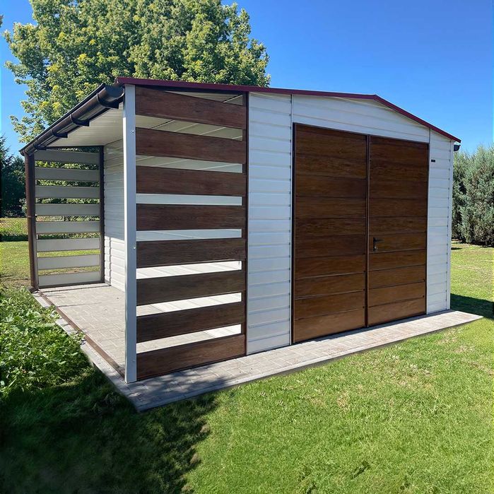 Domek ogrodowy 3×4,5 m z drewutnią Rynna Okno – biały/ złoty dąb jasny