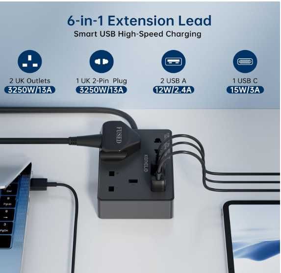 Przewód przedłużający KEMELO z 3gniazdami angielskimi