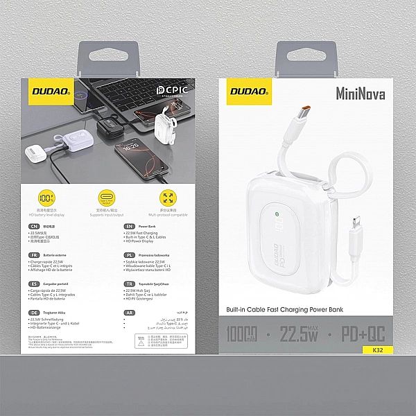 Powerbank Dudao K32/10000 mAh z wbudowanym kablem USB-C/Lightning - bi