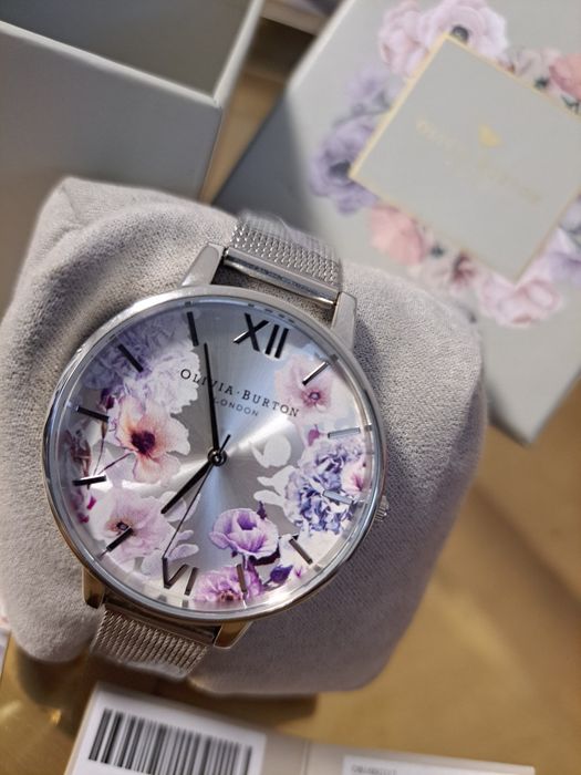 Nowy zegarek Olivia Burton srebrny kwiaty bransoleta mesh damski