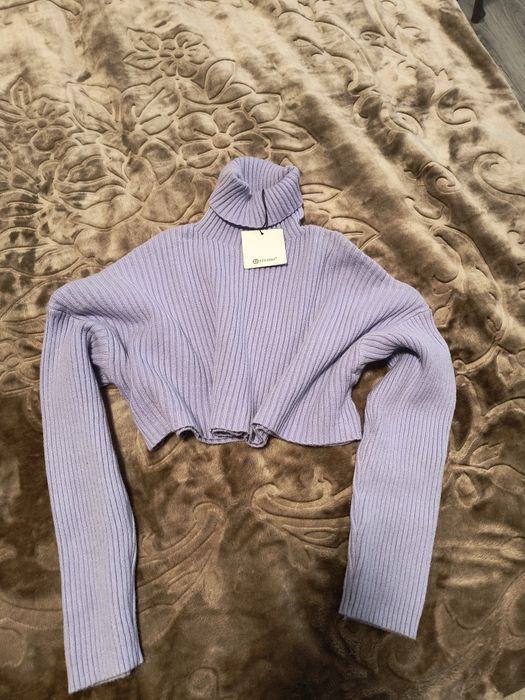 Lawendowy sweter golf prążek nowy krótki oversize s m l tanio