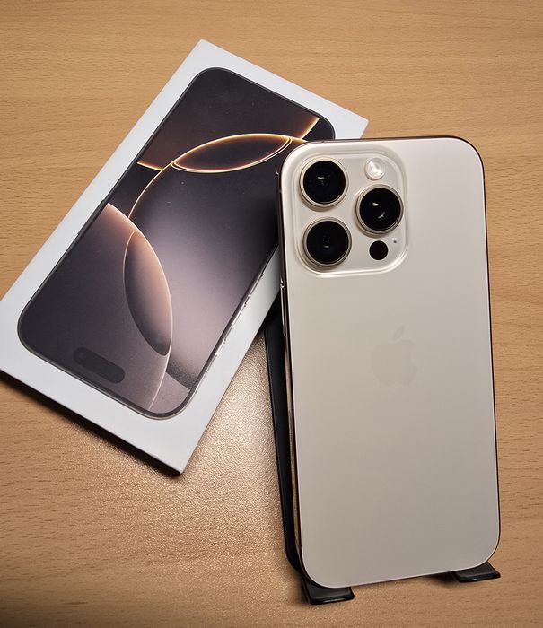 iPhone 16 Pro na cor Desert Titanium, fatura e garantia.