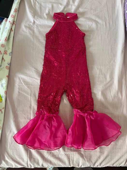 Macacão de lantejoulas fúcsia com folhos de tule, 4 anos
