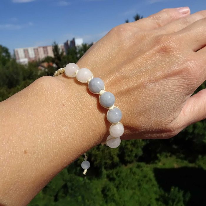 Bransoletka makramowa Akwamaryn Nefryt biały Regulowana