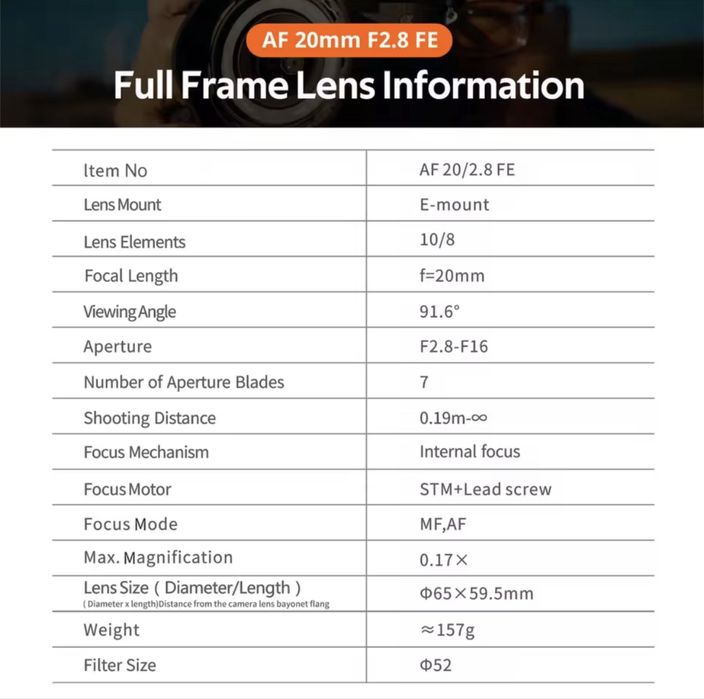 Viltrox AF 20mm f/2.8 STM ASPH ED IF (Sony FE) Lente objetiva nova