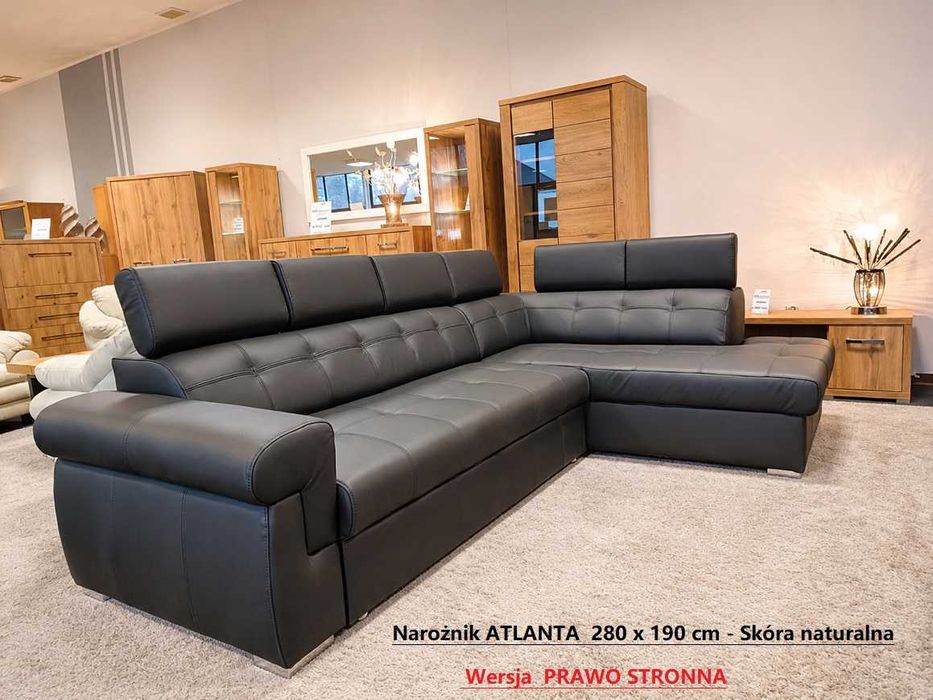 Nowy Narożnik 280 x 190 cm / SKÓRA NATURALNA- kolor Czarny / Atlanta / Wyprzedaż MEBLE PYKA OLESNO