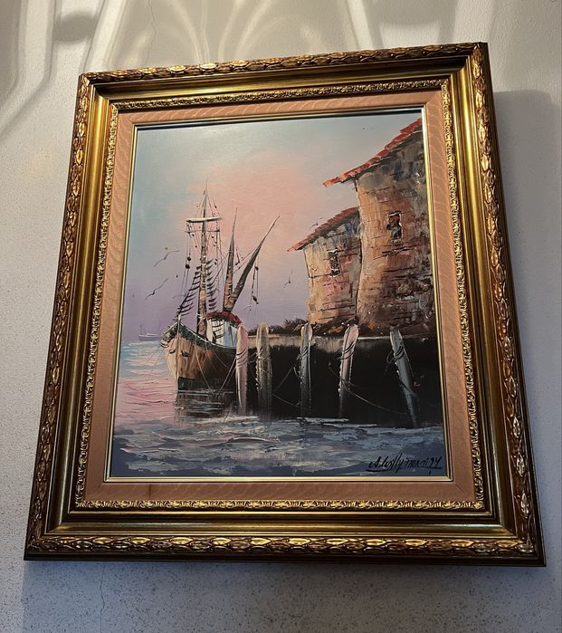 Quadro antigo com moldura em talha dourada