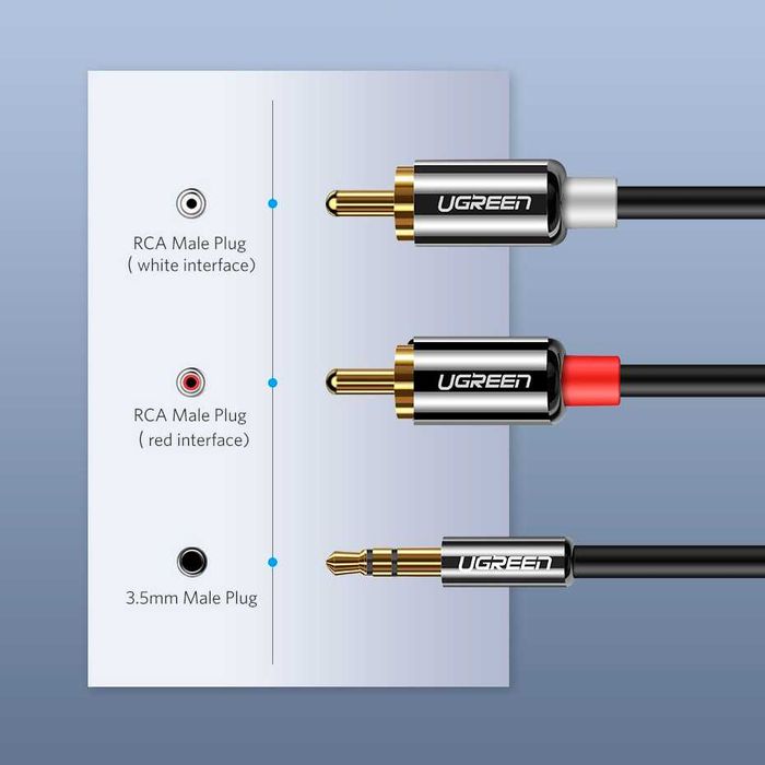 Кабель аудіо Jack 3.5mm на 2 RCA UGREEN HiFi UGREEN аудио для сабвуфера усилителя Aux Cable 3/5 метра
