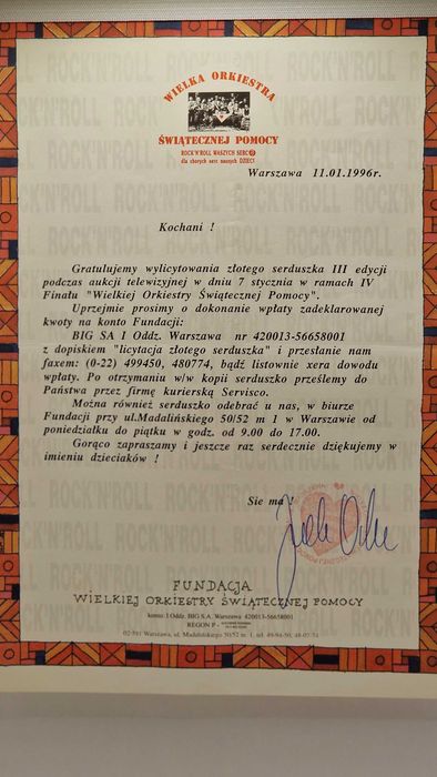 Złote Serduszko WOŚP z 1995 roku – Nr 580 (Unikat Kolekcjonerski)
