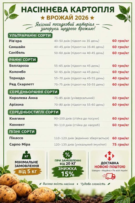 Насіннєва картопля на посадку (посадкова) — 13 сортів