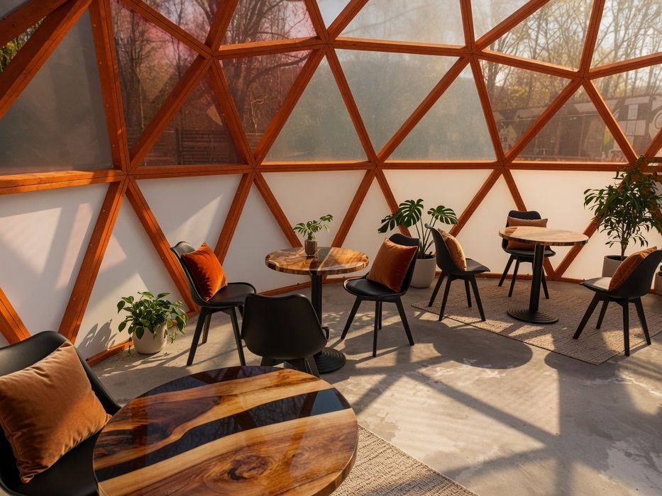 Kopuła geodezyjna 35 m² | Konstrukcja drewniana | Szklarnia | Zadaszenie basenu | Kawiarnia