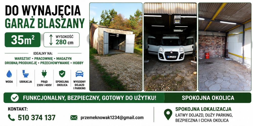 Garaż blaszany 35 m² od 01.10. do wynajęcia – idealny na warsztat / magazyn / pracownię - Więcej
