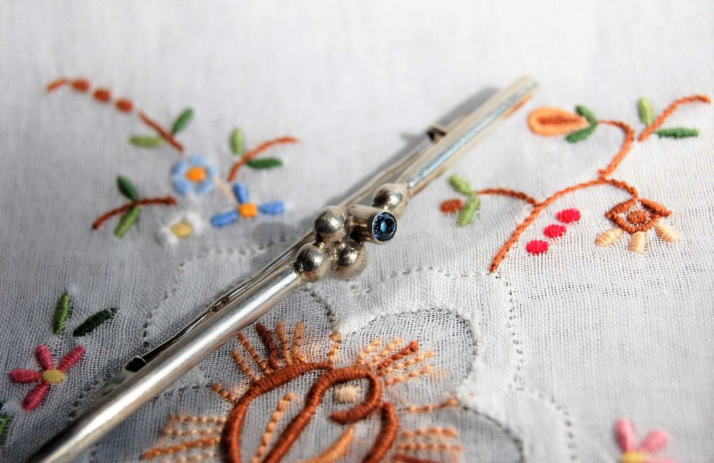 Stara broszka, błękitny topaz, srebro, Warmet, PRL, vintage