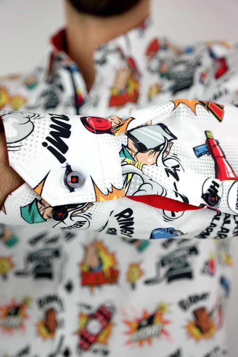 DANIEL BESSI Koszula Męska Fb042 Biała, KOMIKS Kolorowy, Wesoła