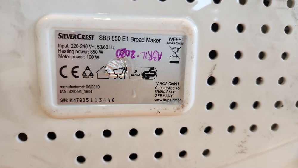 Peças SilverCrest SBB 850 E1 - Máquina de pão