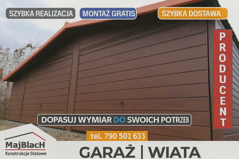 Garaż Blaszany DREWNOPODOBNY / ORZECH  / Brama ORZECH / – Maj-Blach