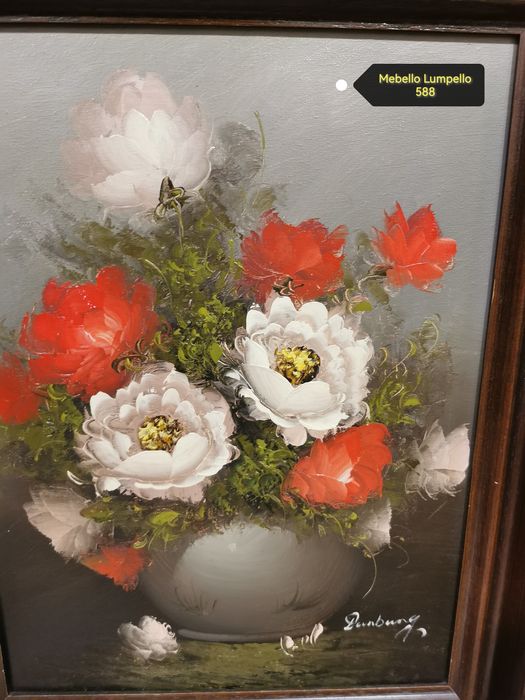 Obraz kwiaty białe czerwone bukiet w drewnianej ramie sygnowany 588