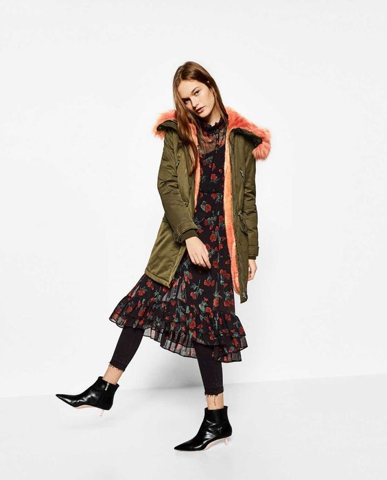 ZARA Luksusowa KURTKA parka kołnierz futerkowy khaki S