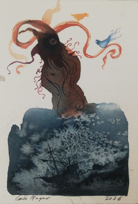 Aguarela. Kraken. Fantasia, Surreal. Original de Carlos Marques
