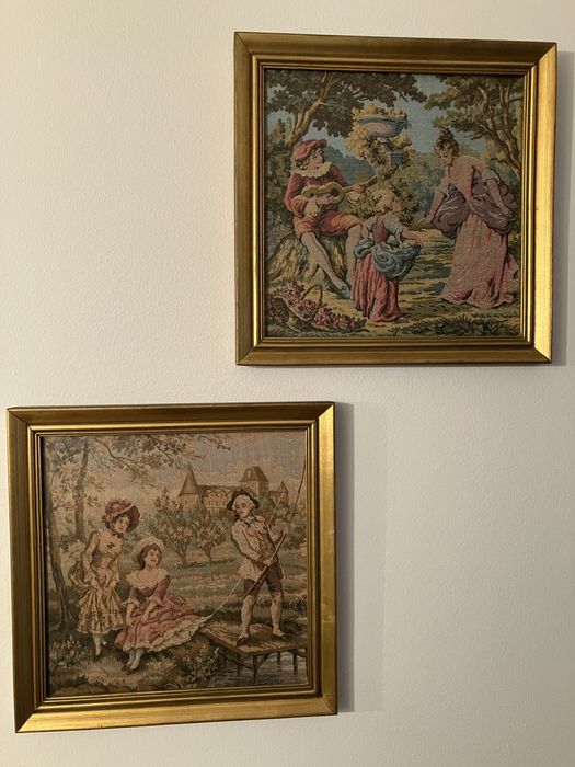 Tapeçaria francesa vintage medieval 4 quadros. 27x27cn