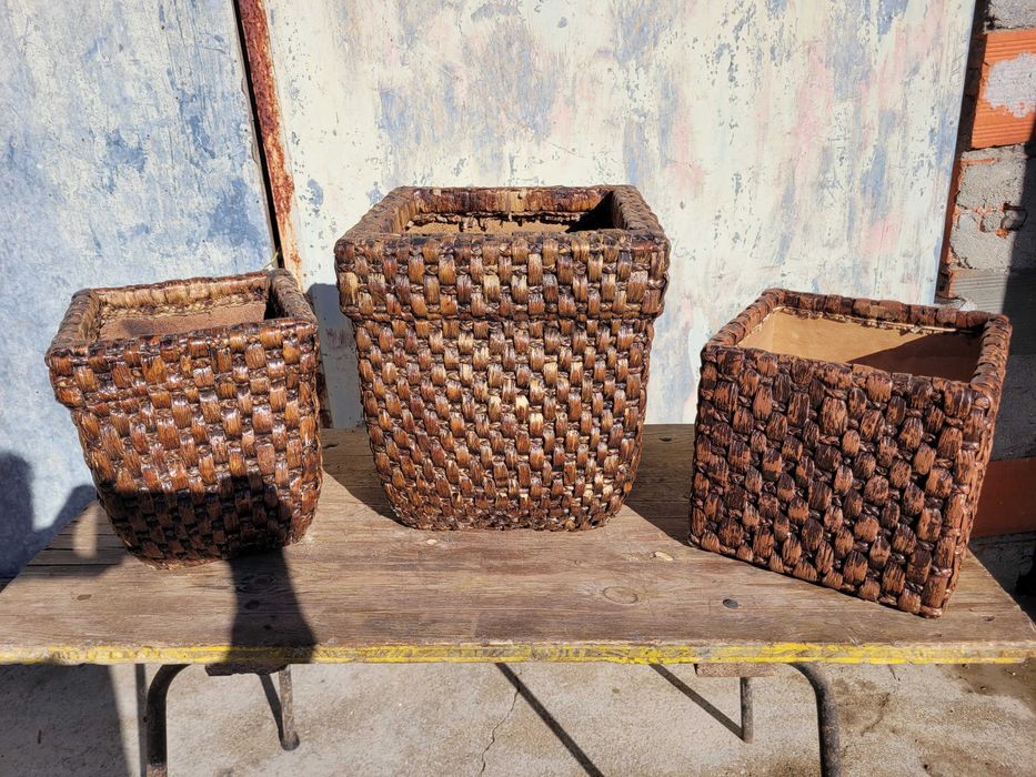 Vasos em vime, conjunto de 3 vasos em vime castanho