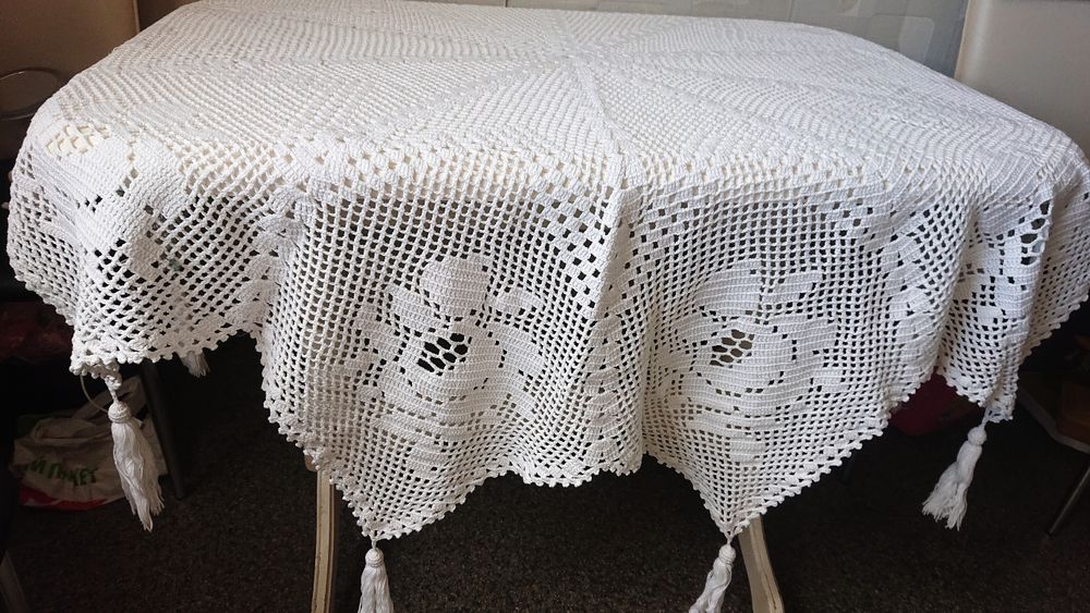 Шикарная белоснежная скатерть вязаная крючком хлопок 170#160см