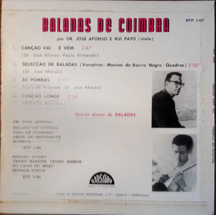 José Afonso	- - - - -		Baladas de Coimbra por Dr. José Afonso	- - -	EP