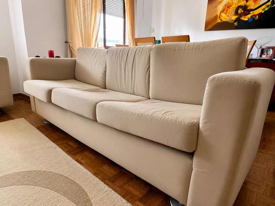 Sofá-Cama de 3 Lugares em Tecido Bege