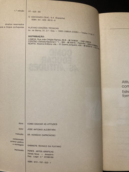 Livro Como Educar as Atitudes, de José António Alcántara (Anos 90)