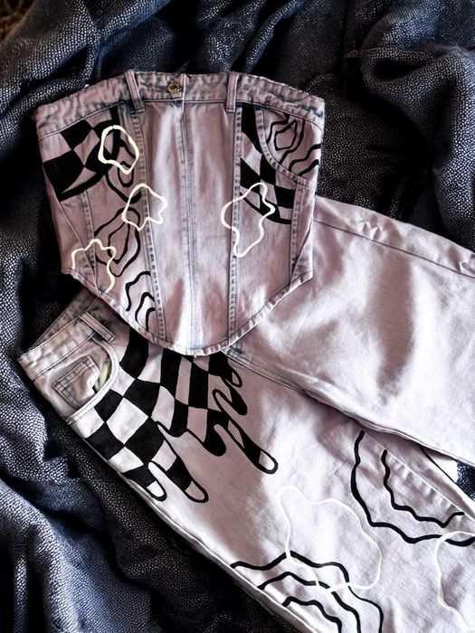 Spodnie Jeans Wzór Geometryczny Fioletowe #handmade recznie malowane