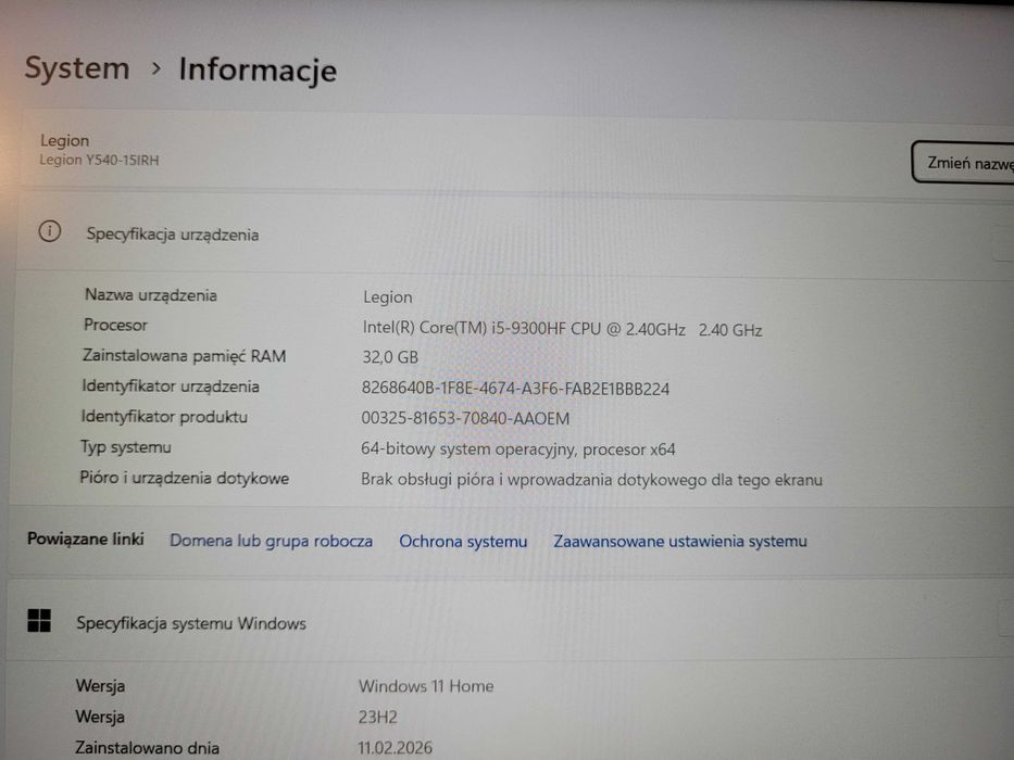 Lenovo Legion Y540-15IRH 15,6" i5-9gen RTX2060 32GBRAM Win11 SSD 512GB