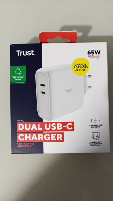 Trust Gan Зарядка 65W 2× usb-c блок живлення