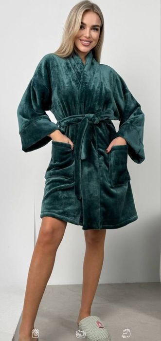 Халат теплий, плюшева махра, зелений